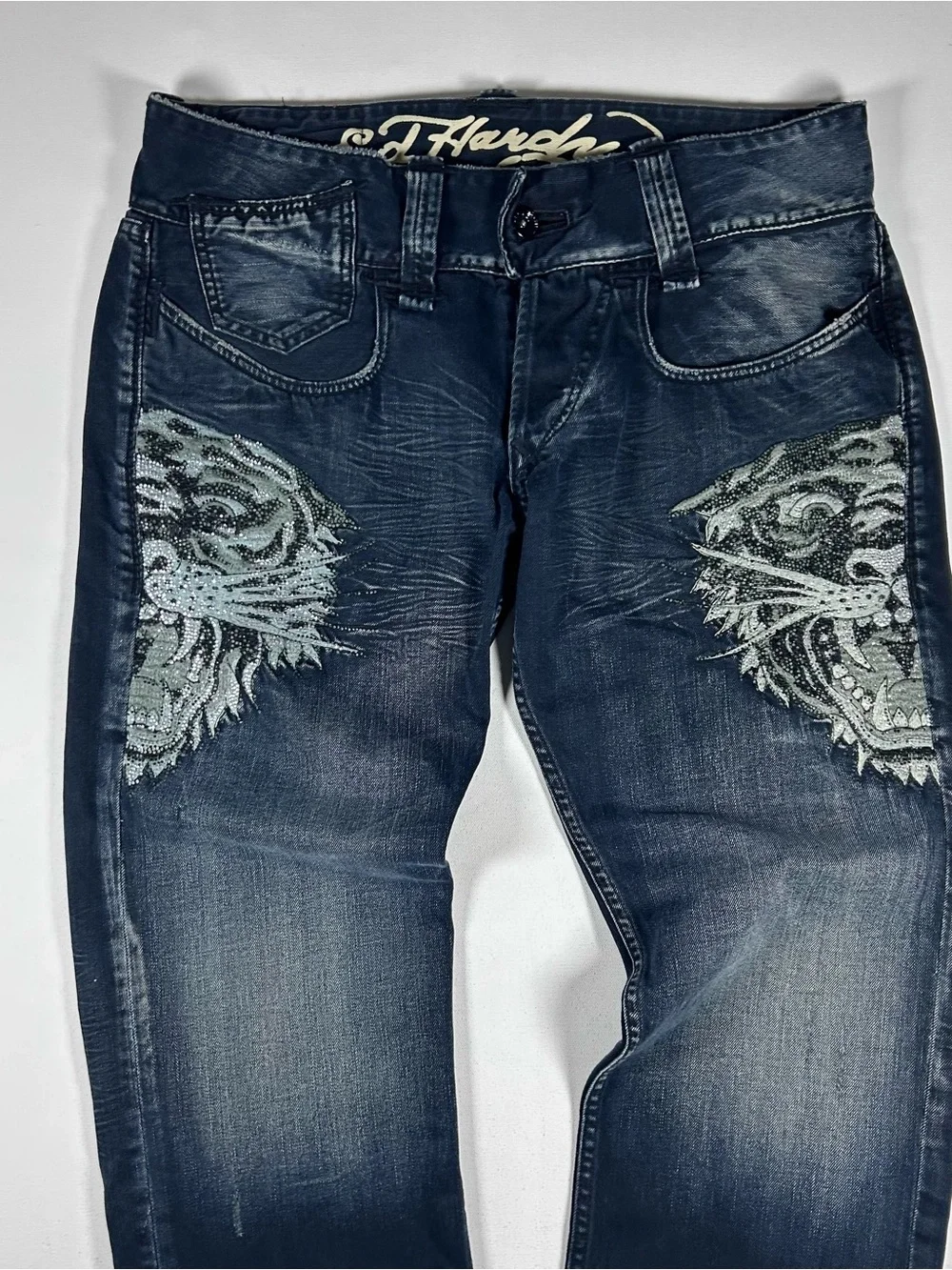 Ed Hardy Tiger Embroidery Jeans 38x32 Distressed Y2K Denim Pants Baggy Bedazzled